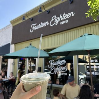 1418 Coffee House - Outside (with Blackberry Matcha Latte) - Coffee & Tea Near Me - Plano, Texas