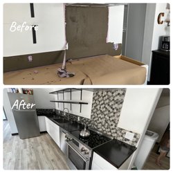 Extreme Builders - Black stained butcher block counters and backsplash work in a Grants Pass remodel.