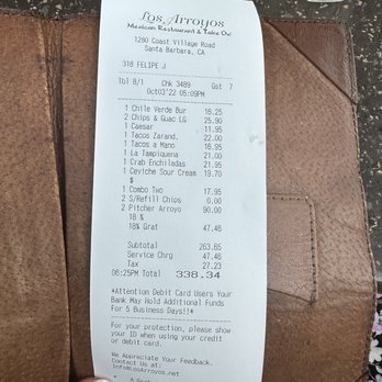 Los Arroyos Mexican Restaurant & Take Out - Receipt for 7 people - Mexican Near Me - Montecito, California Los Arroyos Mexican Restaurant & Take Out - Receipt for 7 people - Mexican Near Me - Montecito, California