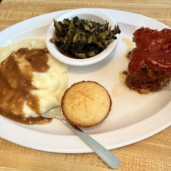 Dairy Mart - Daily special - Meatloaf, pinto turnip greens, mashed potatoes (instant), gravy, cornbread