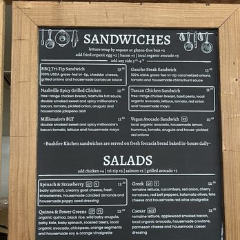 Bushfire Kitchen - Del Mar - Sandwiches & salads menu - American Near Me - Del Mar, California