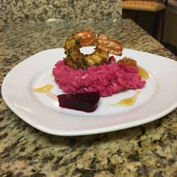 Island Epicurean Food - Beet risotto with local goats milk feta, picked beets, local honeycomb, tarragon Royal red shrimp