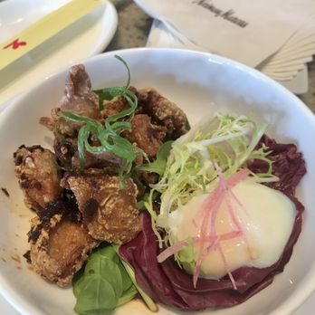 Mariposa - Chicken Karaage, w poached egg and frisée. Too much soy dipping sauce underneath. This didn't work - New American Near Me - Honolulu, Hawaii Mariposa - Chicken Karaage, w poached egg and frisée. Too much soy dipping sauce underneath. This didn't work - New American Near Me - Honolulu, Hawaii