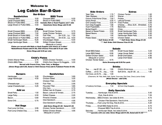 Menu photo 3 Log Cabin Bar BQue Albemarle, NC Menu photo 3 Log Cabin Bar BQue Albemarle, NC
