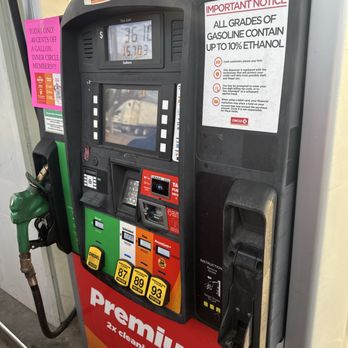 Circle K - Gasoline pump at Circle K in Pelham, AL, displaying prices for regular, plus, and premium fuel, with a warning sign about ethanol content. - Fast Food Near Me - Pelham, Alabama