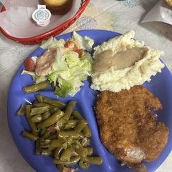 Renee's Cafe - Pork fritter, green beans, mashed potatoes and gravy, tossed salad