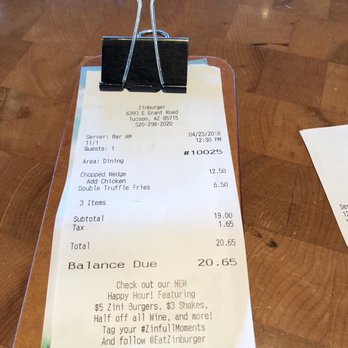 Zinburger - The bill - Burgers Near Me - Tucson, Arizona