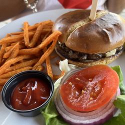 The classic burger with sweet potato fries