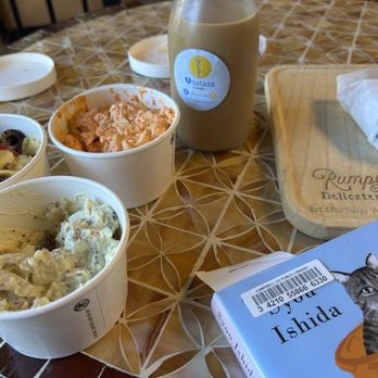 Rump & Roll Delicatessen - From L-R: cheese tortellini salad, classic potato salad, chicken pimento salad, Unataza bottled Oat Latte, and a fantastic Reuben. - Meat Shops Near Me - Dayton, Kentucky