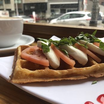 Moore Coffee Shop - Savory waffle- Caprese (mozzarella, tomato and basil) - Coffee & Tea Near Me - Seattle, Washington Moore Coffee Shop - Savory waffle- Caprese (mozzarella, tomato and basil) - Coffee & Tea Near Me - Seattle, Washington
