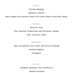 Sweetpea + Thyme - Example of a weekly menu