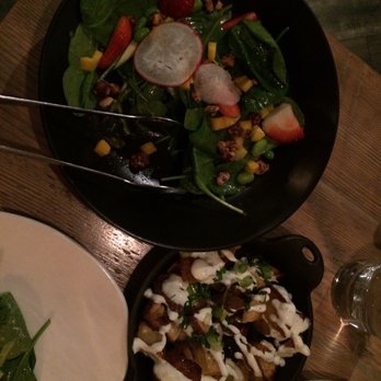 Lechon - Strawberry mango salad with shaved asparagus and candies nuts, roasted sweet potatoes with lima crema - Tapas Bars Near Me - Portland, Oregon