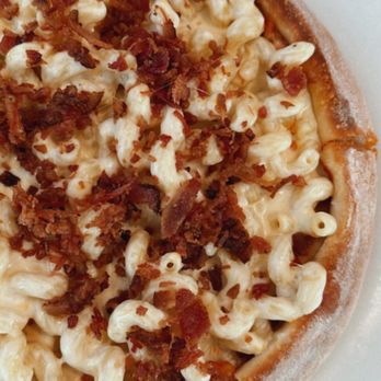 KIN Windsor - The "MAC-DADDY" Pizza - crispy pizza crust topped with tomato sauce, cheesy corkscrew Mac'n'cheese, w/ crumbled bacon. - New American Near Me - Windsor, California