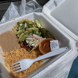 Santa Fe Kitchen - Two Al Pastor Tacos with rice and beans
