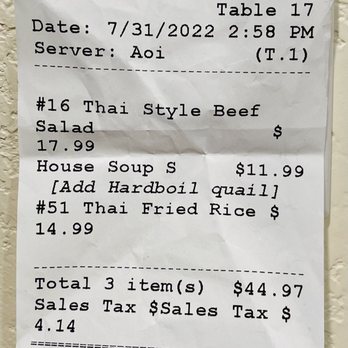 Thai Naan - receipt - Thai Near Me - Snohomish, Washington