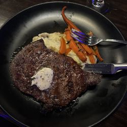 Modern Chop - Ribeye, garlic mashed potatoes, carrots