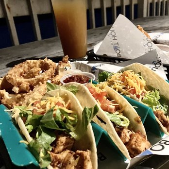 Boathouse Bar & Grill - Cilantro Chicken Tacos w/ Onion Rings - Bars Near Me - Corpus Christi, Texas Boathouse Bar & Grill - Cilantro Chicken Tacos w/ Onion Rings - Bars Near Me - Corpus Christi, Texas