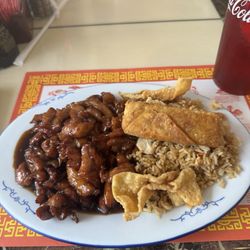 Bourbon Chicken, egg roll, fried rice