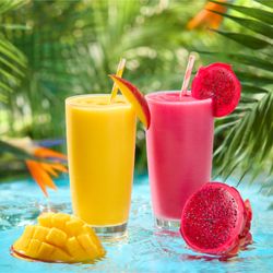Tropical Smoothie Cafe - Mango Monsoon™ Smoothie & Tropical Dragon Passion Smoothie.