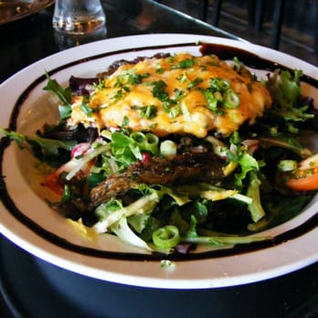 Monets Wine Bistro - Lobster/Shrimp Stuffed Portabello over Greens with Eggplant, Monet's - French Near Me - Exeter, California Monets Wine Bistro - Lobster/Shrimp Stuffed Portabello over Greens with Eggplant, Monet's - French Near Me - Exeter, California