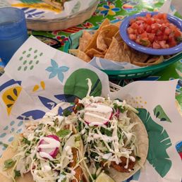 Baja fish tacos, chips & salsa, papito tofu