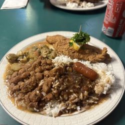 Big John's Grill - Catfish , rice and gravy , pinto beans, okra