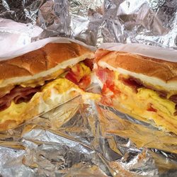 Extra bacon egg and cheese sandwich with mayo and ketchup