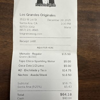 Los Grandes Originales - Receipt - Mexican Near Me - Santa Ana, California