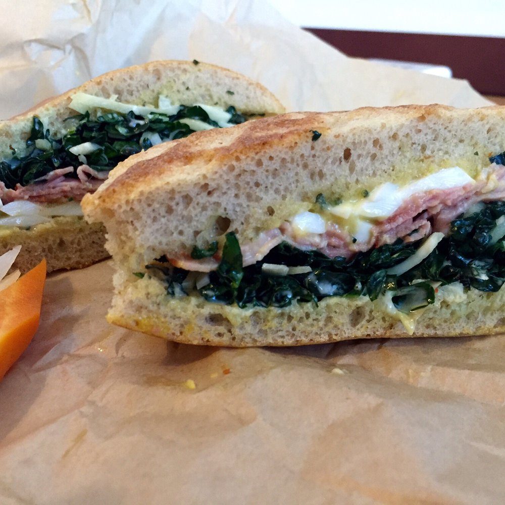 Standard Fare - Fra Mani coppa, pastured egg, kale and kohlrabi slaw, and marjoram-caper aioli; on Standard Fare focaccia. - Coffee & Tea Near Me - Berkeley, California Standard Fare - Fra Mani coppa, pastured egg, kale and kohlrabi slaw, and marjoram-caper aioli; on Standard Fare focaccia. - Coffee & Tea Near Me - Berkeley, California