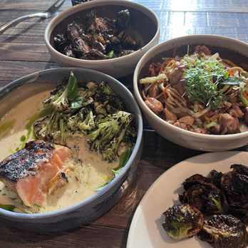 Modita - Salmon with cauluzzini (?sp); Brussel sprouts, Chicken Yakisoba Noodles. - Sushi Bars Near Me - Indianapolis, Indiana