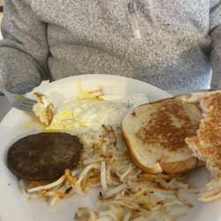 Blue Gill's - Hash browns, toast, eggs and sausage.
