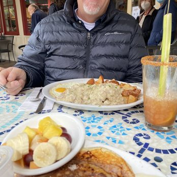 From Scratch Restaurant - Triple-D special, Bloody Mary, cinnamon roll pancake. - Breakfast & Brunch Near Me - Carmel, California From Scratch Restaurant - Triple-D special, Bloody Mary, cinnamon roll pancake. - Breakfast & Brunch Near Me - Carmel, California