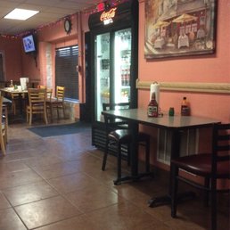 Indoor tables for dining.