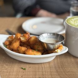 Provisions - Fried cheese curds and matcha latte