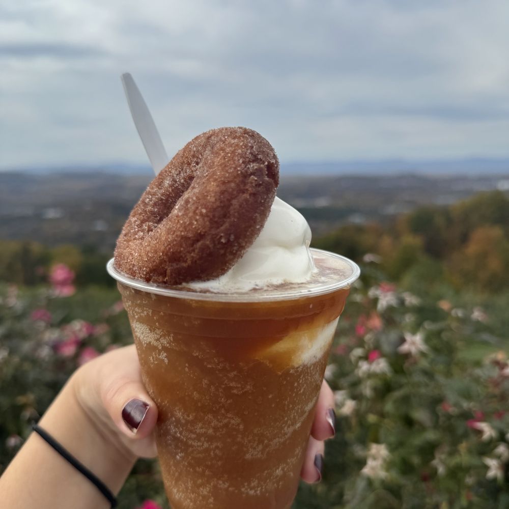 Carter Mountain Orchard - Apple cider slushy float with donut added - Pick Your Own Farms Near Me - Charlottesville, Virginia Carter Mountain Orchard - Apple cider slushy float with donut added - Pick Your Own Farms Near Me - Charlottesville, Virginia