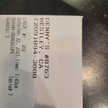 Denny's - Server info, and location to prove I was there! Great employee, you can tell they take their job seriously! 5 - American Near Me - Westley, California
