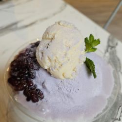 Taro bingsu with red beans and vanilla ice cream