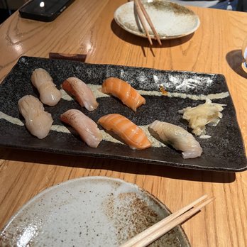 Sushi Kashiba - Scallop on the left, salmon on the right middle, flounder on the far right - Japanese Near Me - Seattle, Washington Sushi Kashiba - Scallop on the left, salmon on the right middle, flounder on the far right - Japanese Near Me - Seattle, Washington
