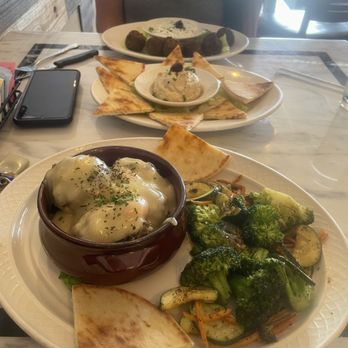 Acropolis - Falafel Balls w Mediterranean Hummus/Warm Pita (background) & Giouvarlakia w roasted vegetables (foreground) - Greek Near Me - Metairie, Louisiana