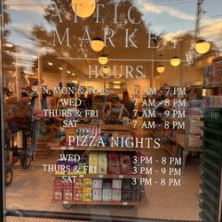 Atticus Market - Hours (Fall 2026). Pizza nights were extended to Weds and Sun 3pm -8pm, thurs & fri 3pm - 9pm