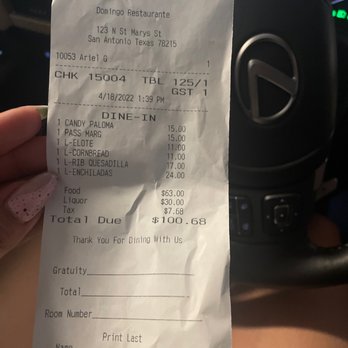 Domingo - Receipt - Cocktail Bars Near Me - San Antonio, Texas