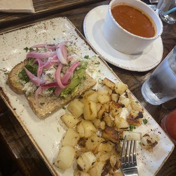First Watch - Crab and Avocado Toast with a side of Potatoes and Tomato Basil Soup - Breakfast & Brunch Near Me - Decatur, Georgia First Watch - Crab and Avocado Toast with a side of Potatoes and Tomato Basil Soup - Breakfast & Brunch Near Me - Decatur, Georgia