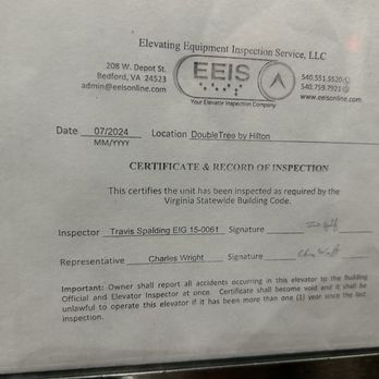 DoubleTree by Hilton Harrisonburg - Out of date "unlawful to operate" elevator inspection - Hotels Near Me - Harrisonburg, Virginia