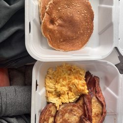 Leo's Coney Island - Pancakes, cinnamon swirl FRENCH TOAST two eggs bacon