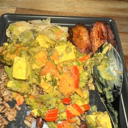 Chef Rose Jamaican Cuisine - My plate of cabbage, tofu and callaloo, sweet plantains and rice and beans