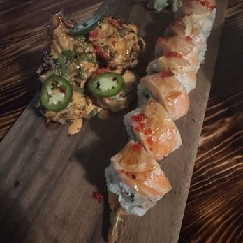 Modesto Sukiyaki - (L) Volcano Roll, (R)  Sunset Roll - Sushi Bars Near Me - Modesto, California