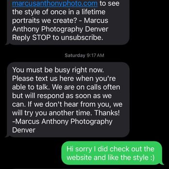 Marcus Anthony Photography - Example of the message showing it's not a free session they were offering - Session Photography Near Me - Wilmington, North Carolina Marcus Anthony Photography - Example of the message showing it's not a free session they were offering - Session Photography Near Me - Wilmington, North Carolina