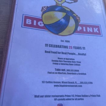 Big Pink - Front cover of menu.. pretty huge - Pizza Near Me - Miami Beach, Florida