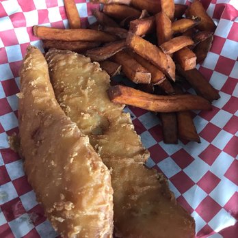 Boathouse BBQ - Fish and chips but substituted sweet potato fries yum! - New American Near Me - Marietta, Ohio Boathouse BBQ - Fish and chips but substituted sweet potato fries yum! - New American Near Me - Marietta, Ohio