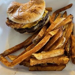 Windy Hollow Biscuit House - The Windy Hollow Biscuit House Loaded Baked Tater Burger with fresh cut fries (I couldn't wait to take a bite)